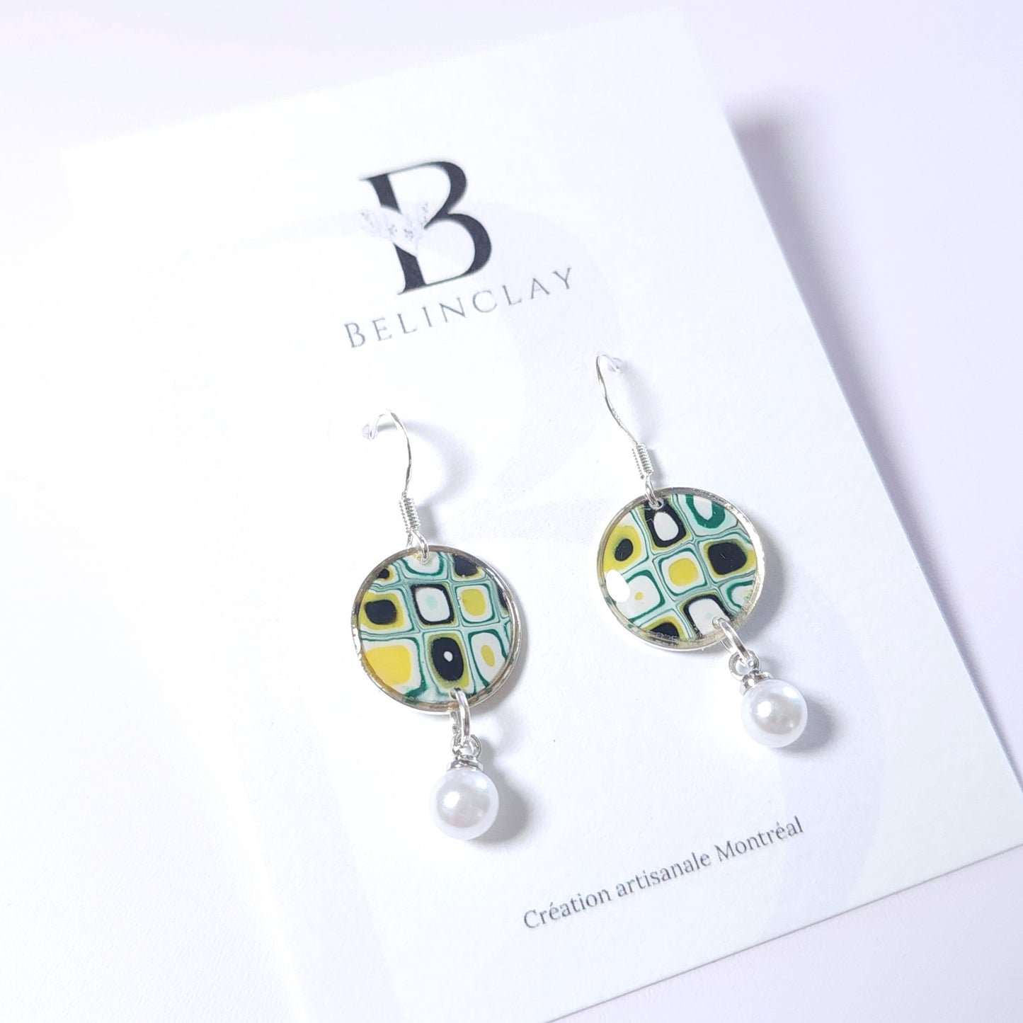 Boucles PERLE – Mosaïque Olive Argent