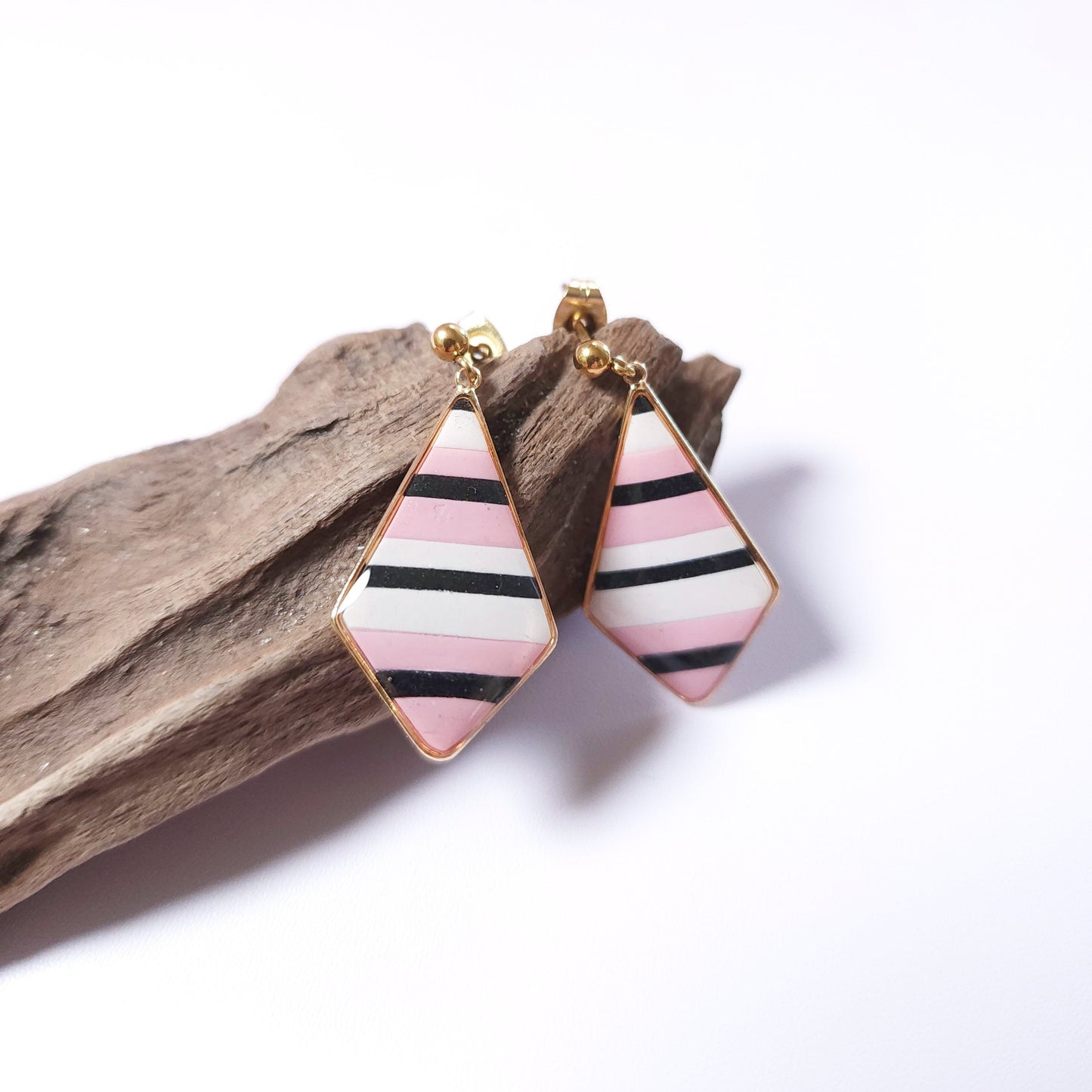 Boucles KAMPSOS – Rayures Rose & Noir Or