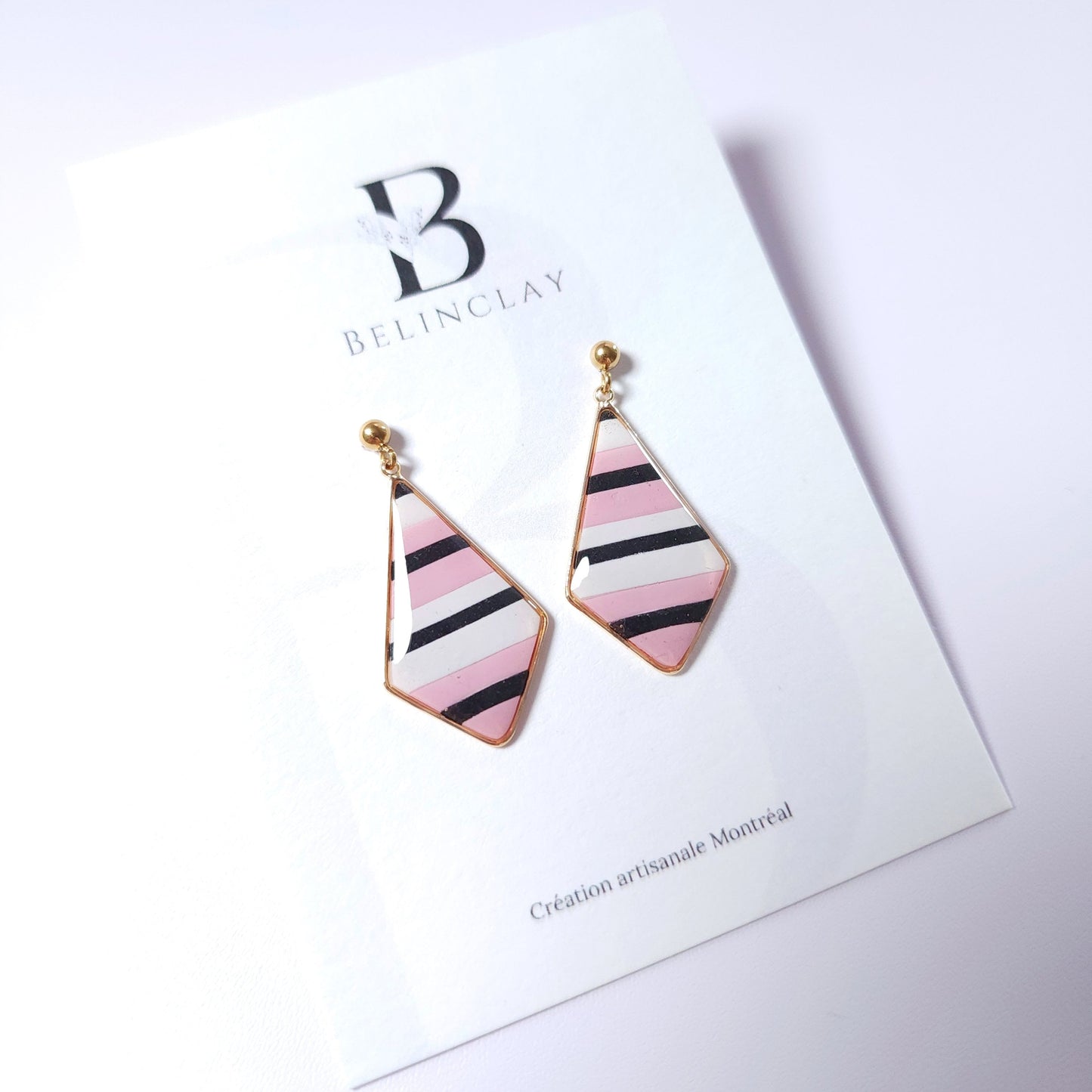 Boucles KAMPSOS – Rayures Rose & Noir Or