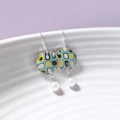 Boucles PERLE – Mosaïque Olive Argent